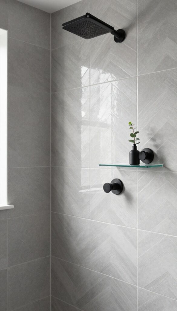 Glossy grey chevron tile shower with matte black fixtures and eucalyptus stems