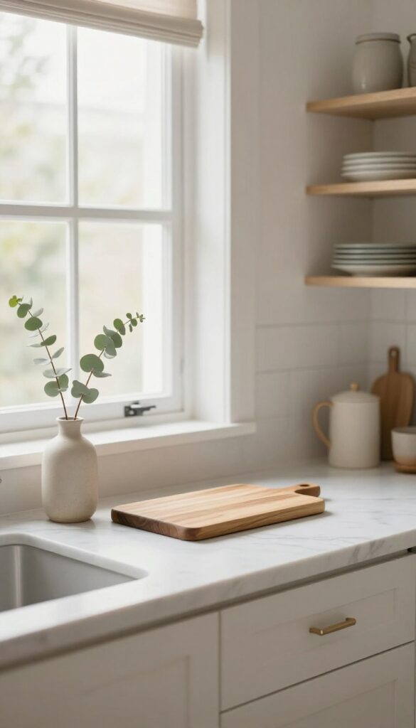 Minimalist kitchen countertop with wooden cutting board and single eucalyptus stem in vase, bright natural light