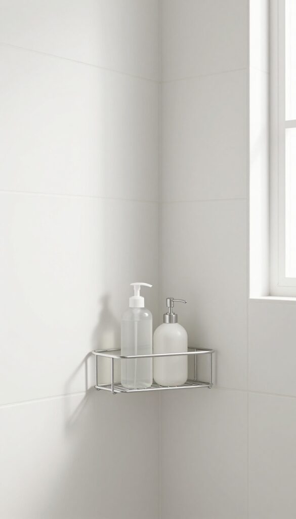 Corner shower caddy with bottles on shelves in a bright tiled shower