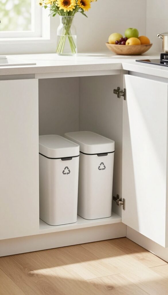 Modern kitchen peninsula with pull-out trash and recycling bins hidden behind matching cabinet door