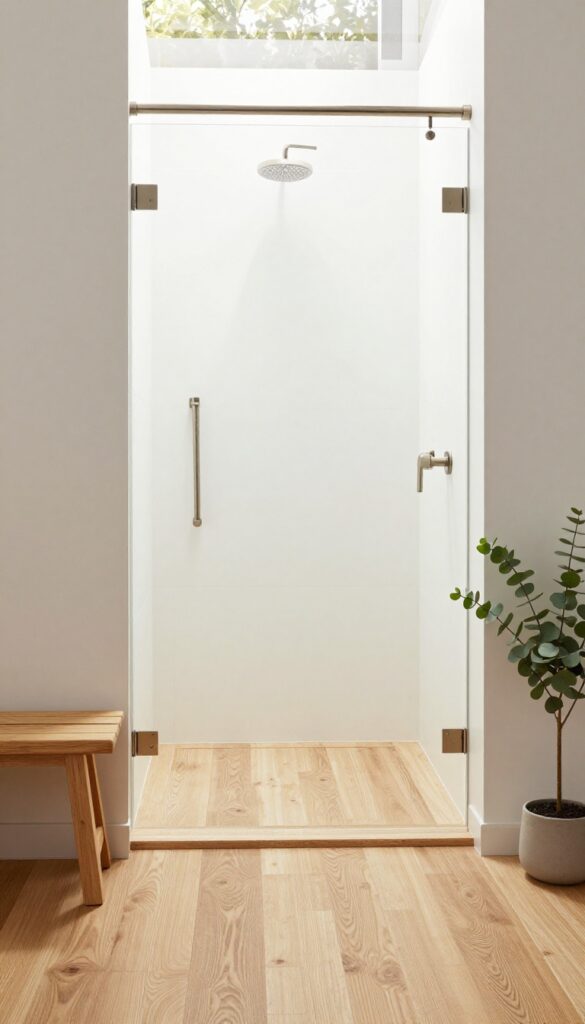 Modern walk-in shower with textured porcelain wood plank floor in light oak, matte white walls, brushed nickel fixtures, teak bench, and eucalyptus plant.