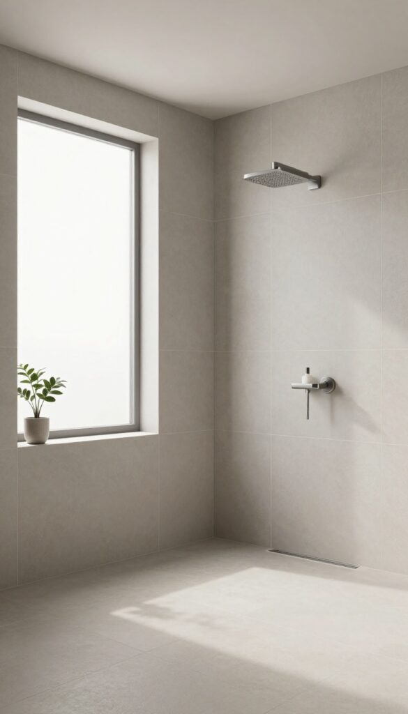 A bright, modern bathroom shower with large-format tiles minimizing grout lines for a sleek and spacious look.
