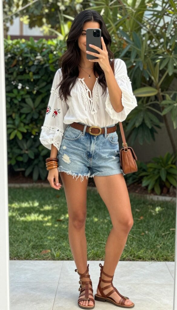 Woman wearing high-waisted denim shorts and an embroidered peasant blouse with gladiator sandals and a crossbody bag, standing outdoors in a sunny garden.