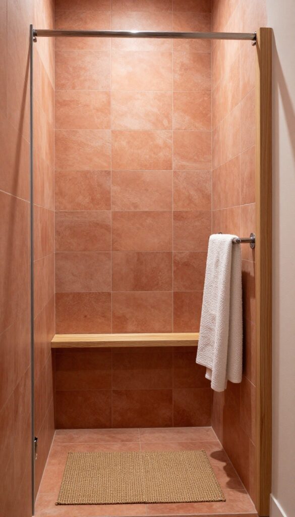 A cozy quadrant shower room with warm earth tones featuring terracotta tiles and natural wood accents in bright natural light.