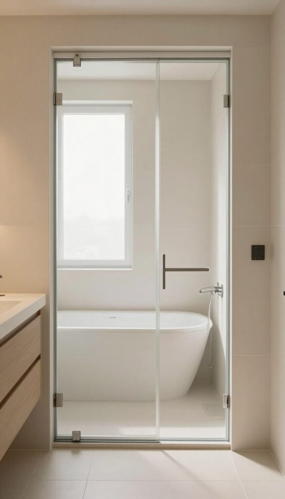 A small bathroom with a sliding glass door on a tub and shower combo in natural light, demonstrating space-saving design for tight layouts.