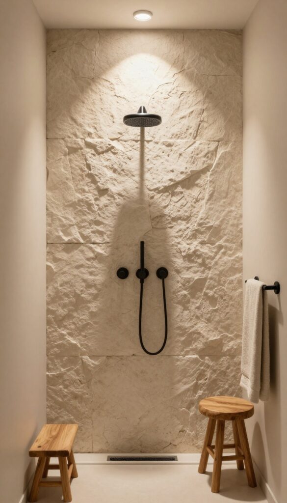 A rustic bathroom shower with a knee wall covered in textured stone or slate, featuring matte black fixtures and warm lighting for a cozy, inviting atmosphere.