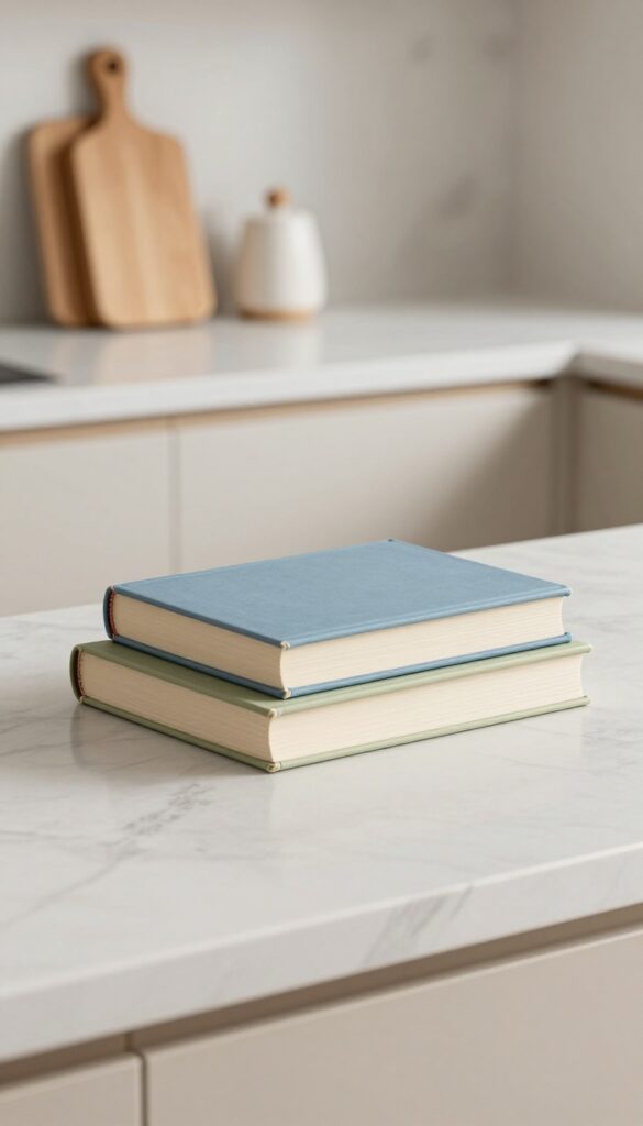 A stack of three colorful cookbooks on a kitchen island with a wooden cutting board and salt cellar.