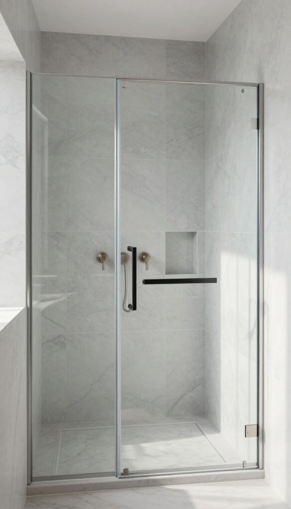 A walk-in shower featuring soft gray marble tiles with minimalist clean lines, designed to feel custom and calm in a contemporary bathroom setting.
