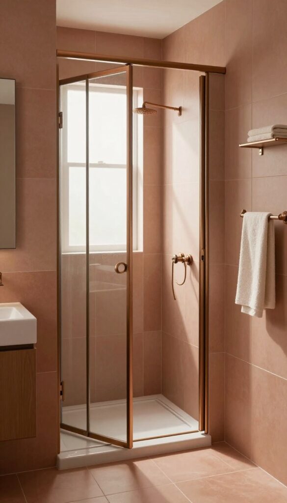 Pivot door with warm metal finish in a light and airy bathroom with earthy terracotta tiles
