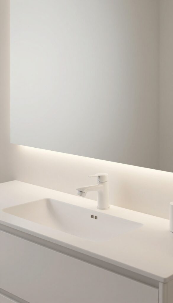 Modern bathroom vanity with LED light strips around the mirror frame for subtle and polished lighting.