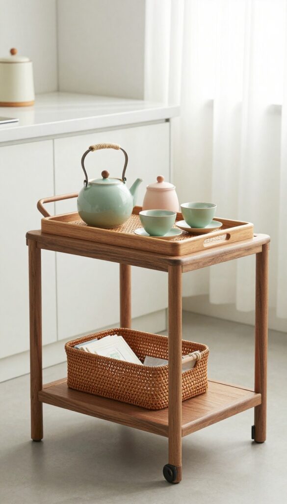 A wooden rolling tea cart with hidden storage baskets, ceramic teapot and teacups, in a bright kitchen.
