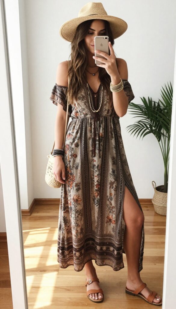 Woman in boho maxi dress and sandals taking a mirror selfie, straw hat and woven bag, summer outfit idea.