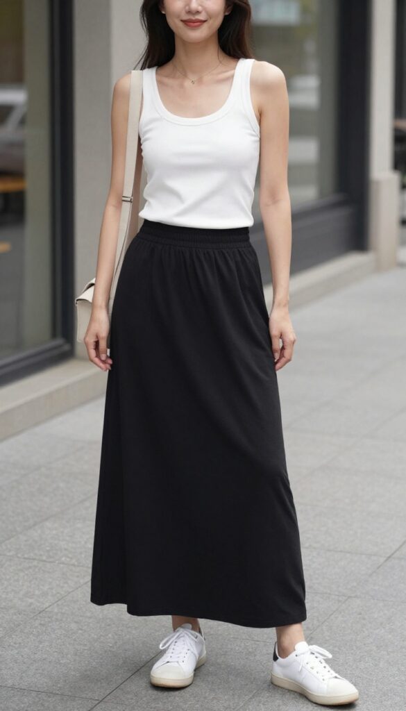 A woman wearing a white tank top and black maxi skirt with white sneakers, styled casually for summer activities like coffee runs or errands.