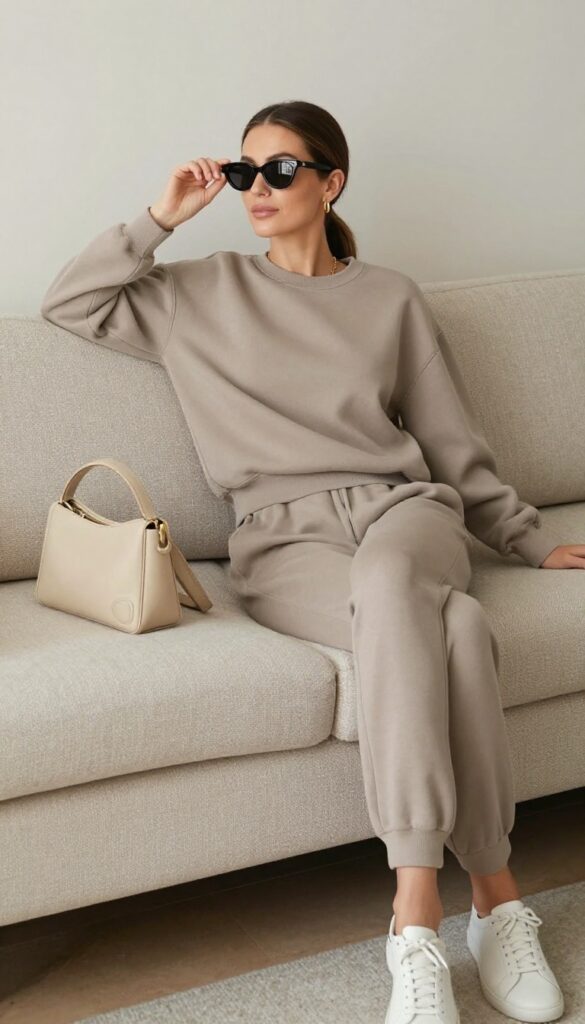 Woman in taupe monochrome lounge set with white sneakers, sitting on a modern sofa, looking relaxed and polished.