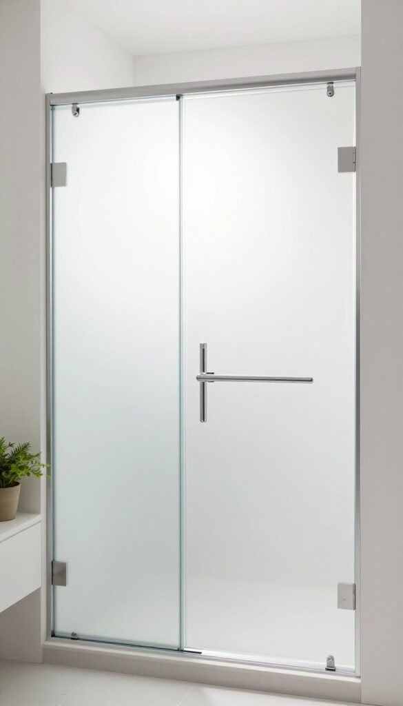 A modern bathroom featuring a frosted glass shower door with chrome hardware, creating privacy while allowing natural light to filter through, enhancing the airy and functional design.