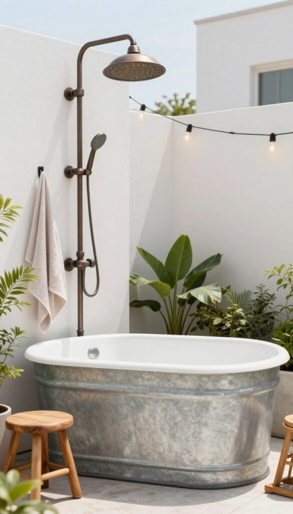 Outdoor galvanized tub shower with industrial charm in a backyard setting, featuring rustic showerhead, metal hooks with towels, potted plants, wooden stool, and Edison bulbs under bright natural light.