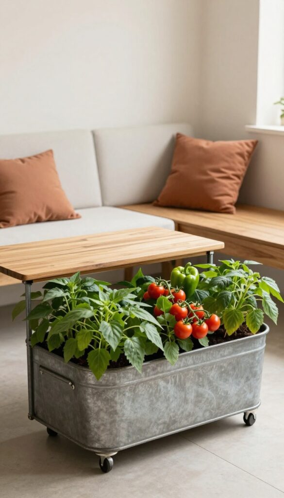 Galvanized tub planter with built-in seating on a sunny patio