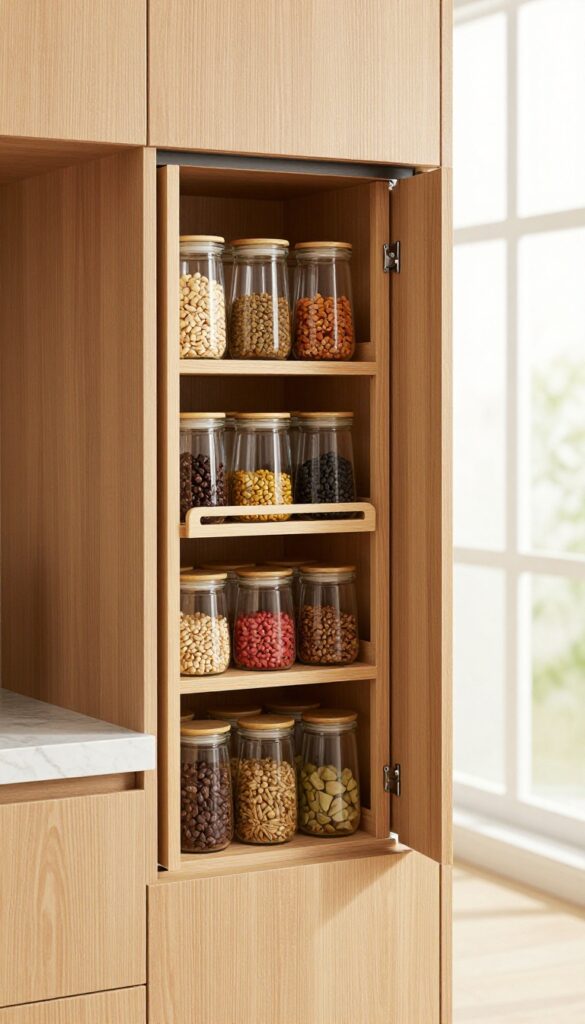 A kitchen with a sliding door that has a built-in spice rack, showing organized spice jars on shelves inside the door.