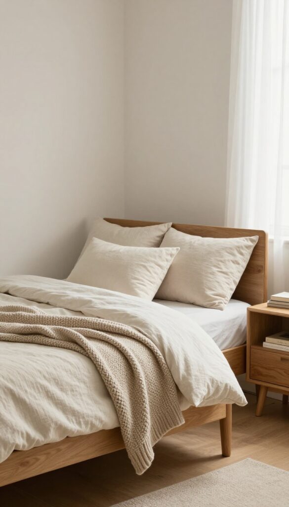 Cozy bedroom corner with neutral bedding, throw blanket, pillows, tray, and books in natural light
