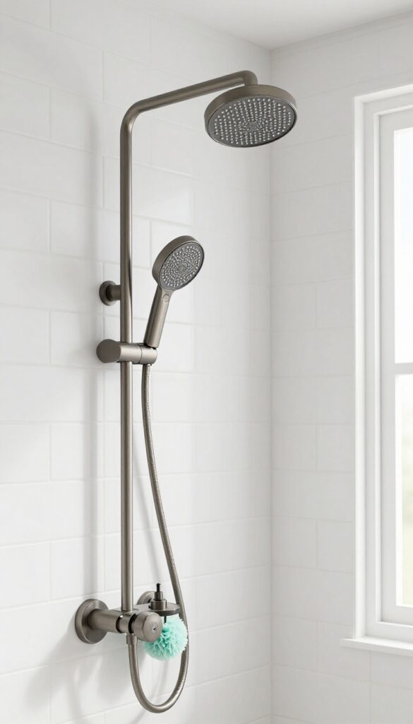 A handheld showerhead with adjustable settings in a bright, clean bathroom, showcasing its sleek design and practical use for versatile showering.