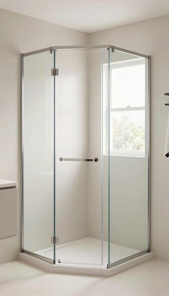 Corner shower door in a modern bathroom with natural light and light tiles, maximizing space with a sleek design.