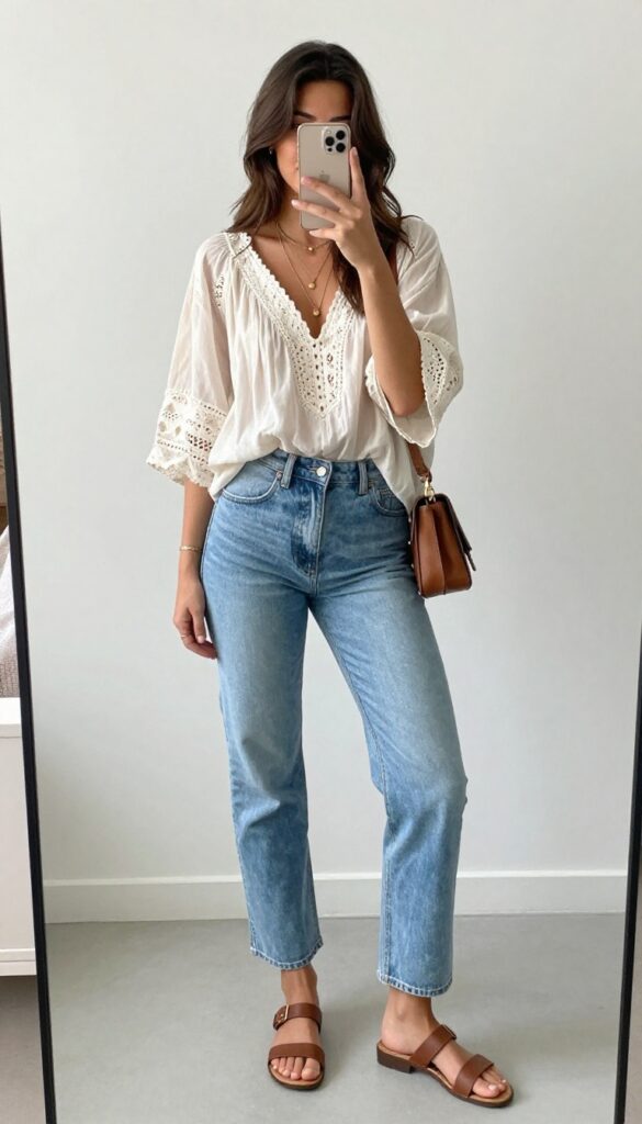 Woman in light-wash relaxed jeans and flowy boho blouse taking a mirror selfie, accessorized with layered necklaces and crossbody bag, embodying casual summer boho style.