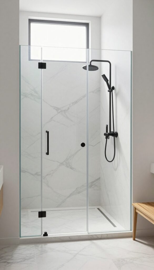 Large tile walk-in shower with floor-to-ceiling marble slabs, seamless stone walls and floor, frameless glass door, matte black fixtures, teak bench, natural light.
