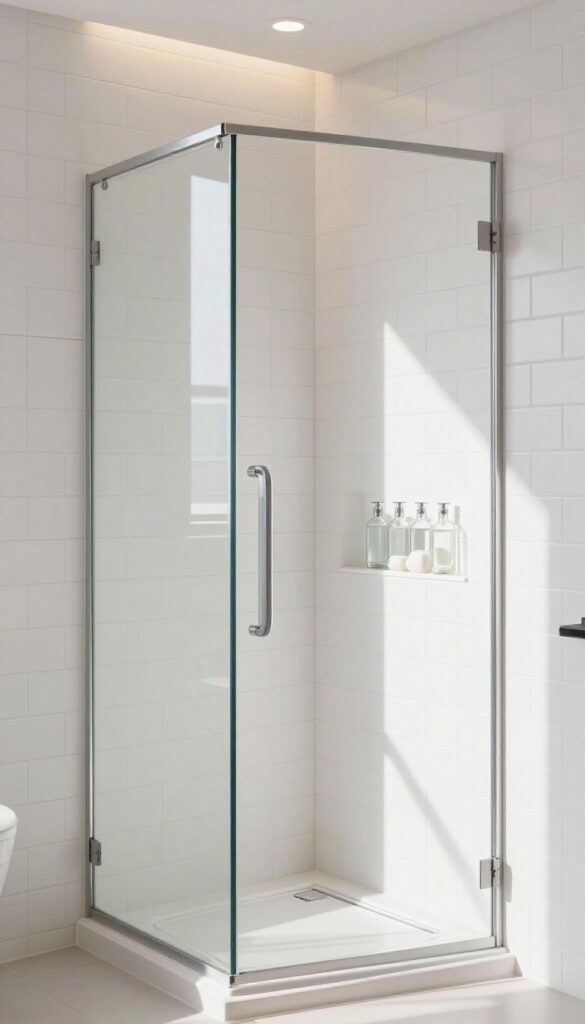 A neo angle shower with a built-in wall niche holding clear bottles and soap, seamlessly tiled for a streamlined look.
