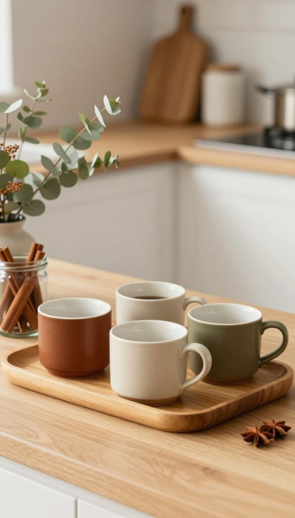 A cozy kitchen counter with a fall hot drink station featuring mugs, cinnamon sticks, and eucalyptus on a wooden tray.