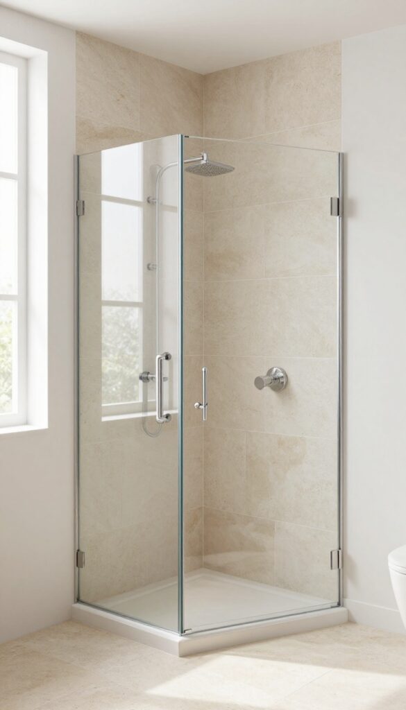 Seamless light stone flooring extending from bathroom into neo-angle shower, creating a continuous visual flow