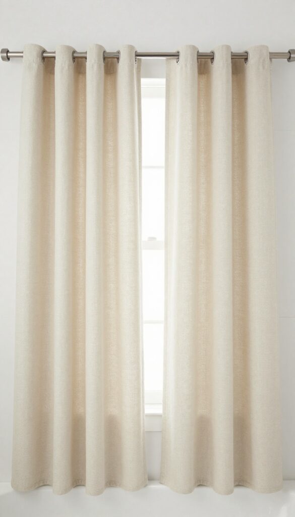 A symmetrical hotel-style bathroom shower with two identical fabric curtain panels parted to opposite sides for a balanced look.