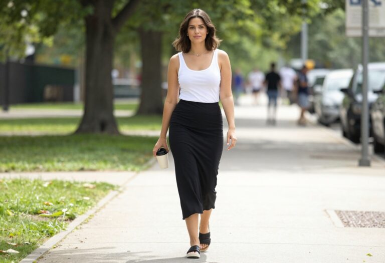 A woman wearing a black maxi skirt and white tank top in a casual summer outfit, styled for effortless fashion with bright natural lighting.
