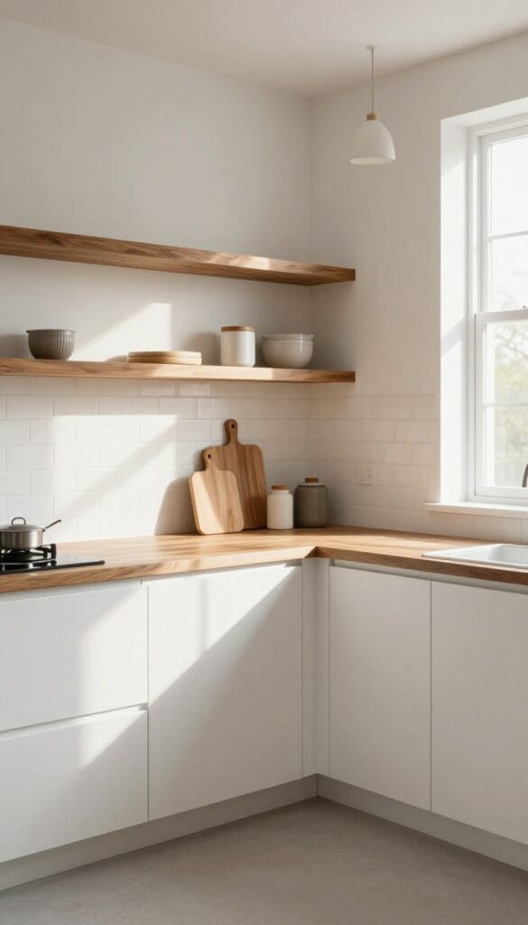 Small parallel kitchen with warm wood accents, white cabinets, walnut shelves, butcher block counter, and natural light.