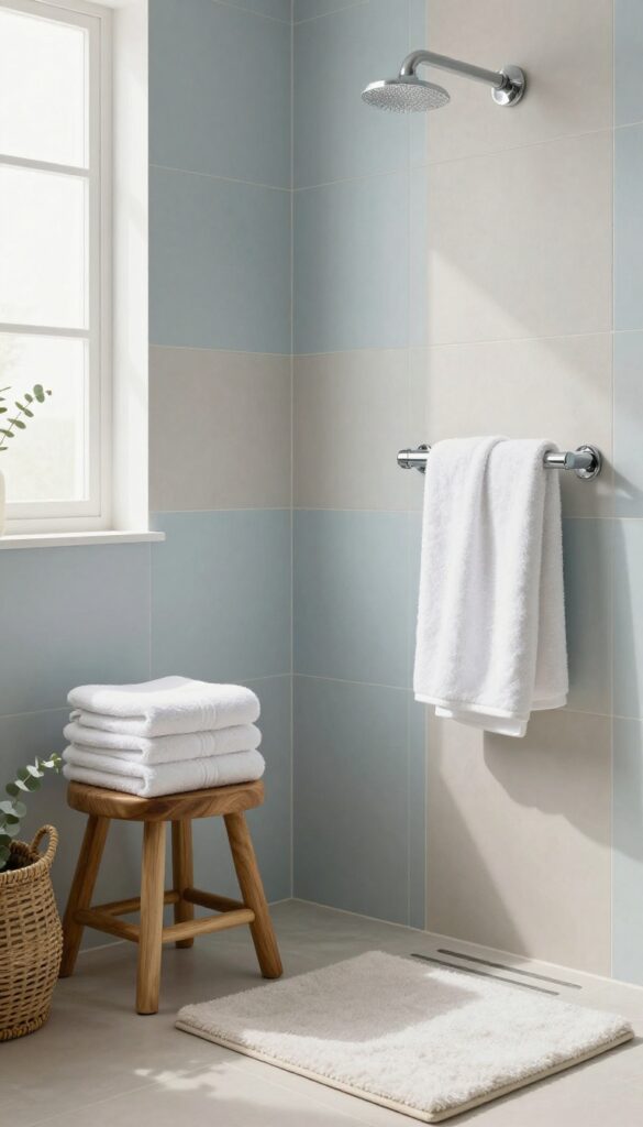 A serene spa-inspired bathroom with soft textures, plush towels, gentle colors, and natural materials like wood and plants, creating a calming shower space.
