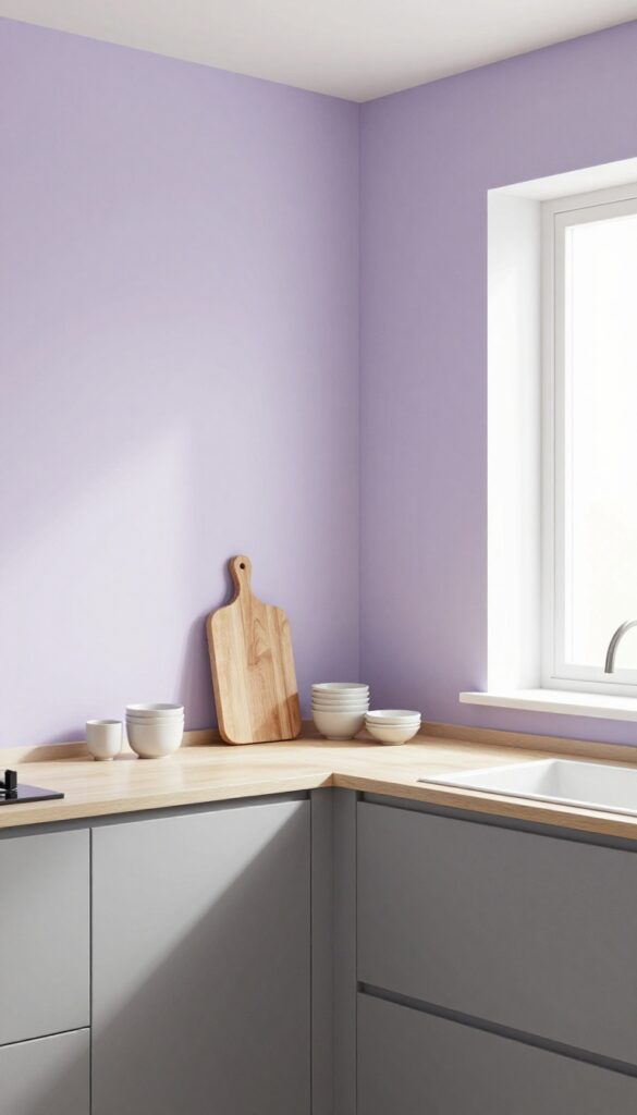 Lavender accent wall and warm gray cabinets in a bright kitchen with natural wood accents.