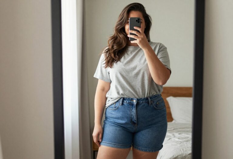 Plus-size woman in relaxed tee and denim shorts taking a mirror selfie, showcasing a cute casual outfit with natural lighting and realistic fit.