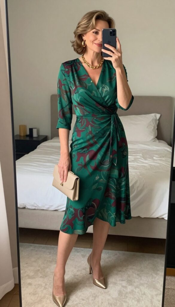 A woman in her 50s wearing an emerald green wrap dress with gold statement earrings and a necklace, holding a clutch, posing for a mirror selfie in a bright bedroom.