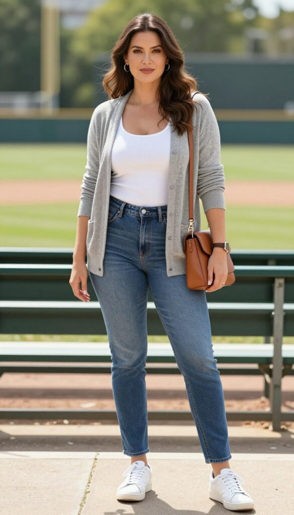 Curvy woman wearing a white tank, heather grey cardigan, medium-wash straight jeans, white sneakers, and a tan crossbody bag at a baseball game.