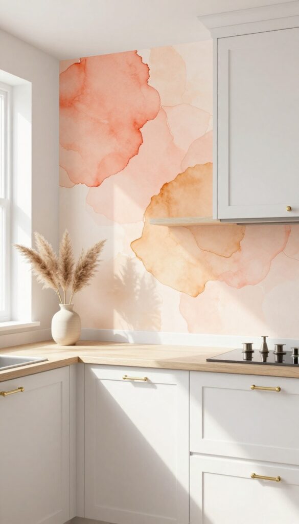 Abstract watercolor wallpaper in warm peach and coral tones on a kitchen wall with white cabinets and light wood shelves.