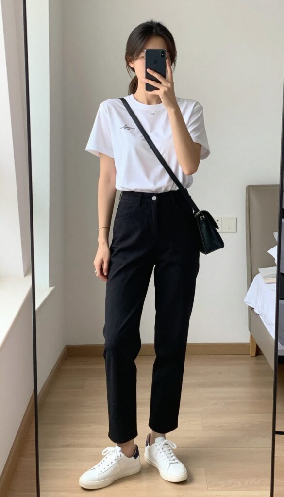 Woman in black pants and graphic tee with sneakers, taking a mirror selfie in a bright room.