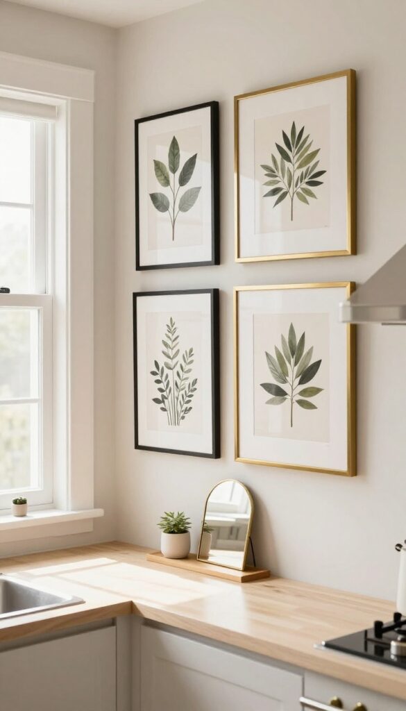 A kitchen gallery wall with framed art and photos above a breakfast nook.