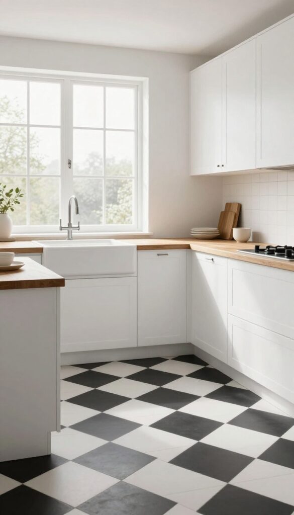Modern kitchen with black and white checkerboard tile floor, white cabinets, butcher-block counters, and natural light from window.