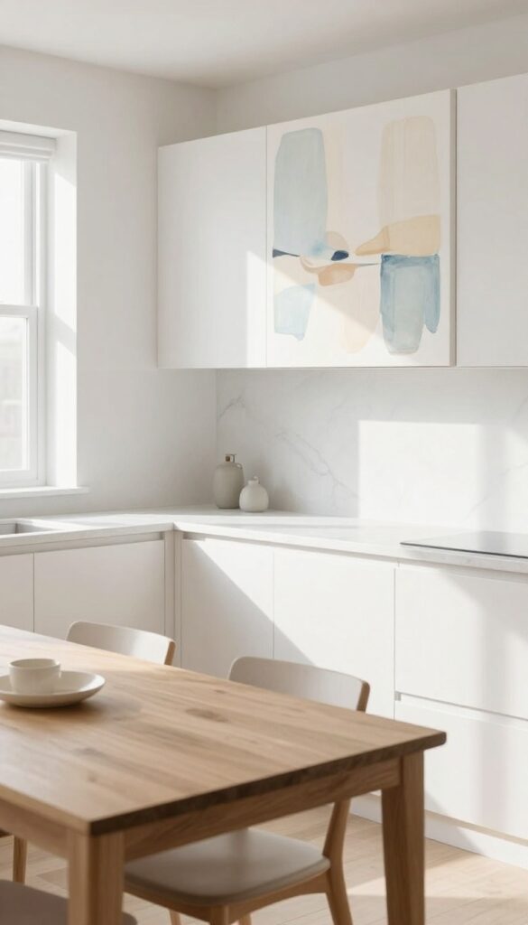 Modern kitchen with a large abstract canvas as the focal point on a blank wall