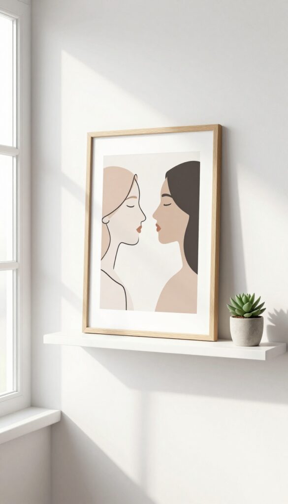 Minimalist line art print of two profiles on a shelf with a succulent in natural light