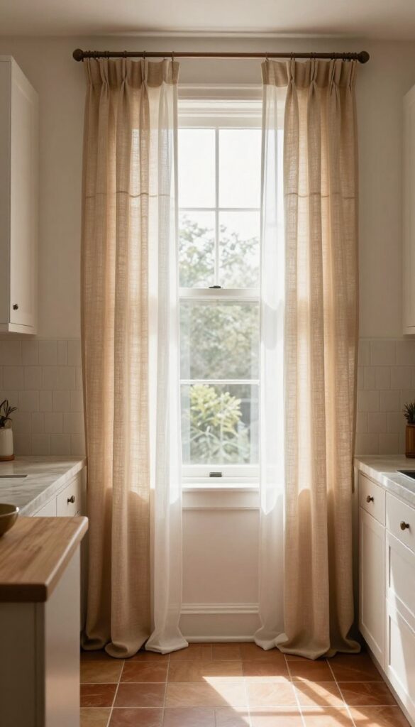 Kitchen bay window with layered Roman shades in warm beige and terracotta, sheer curtains, natural light, wood countertops, stone backsplash, white cabinets, terracotta tiles.