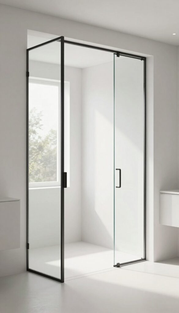A modern bathroom featuring a half wall with a clear glass panel extension, allowing light to pass through while providing privacy, in bright natural lighting with clean, airy decor.