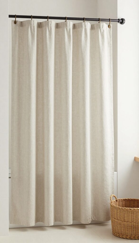 A small bathroom with a linen textured shower curtain in neutral tones, creating a soft and airy spa-like atmosphere with natural light filtering through.