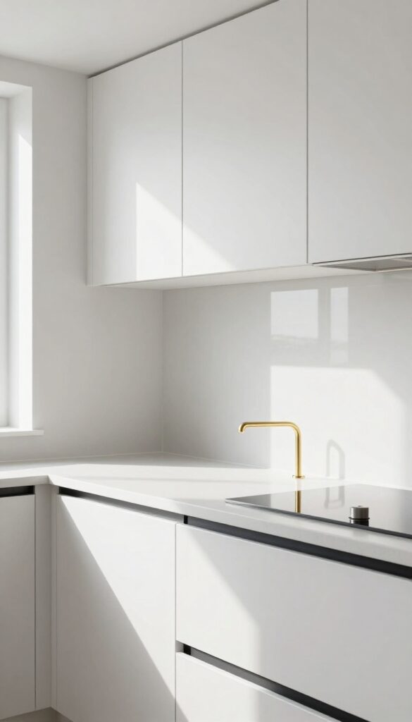 Modern kitchen with mirrored backsplash reflecting light