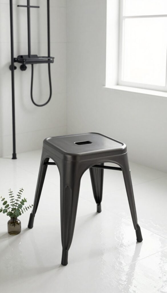 Minimalist metal stool with matte black powder coat in a modern bathroom, featuring clean lines, rubber feet, and a eucalyptus bundle on the seat.