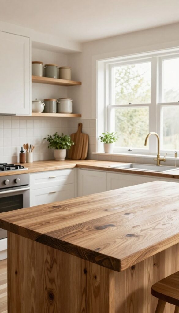 Butcher block countertop on kitchen peninsula with warm wood grain, white cabinets, and natural light